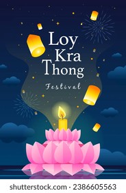 Cartel del Festival Loy Krathong ilustrado vectorial. Celebración nocturna del festival de los farolillos y Krathong flotando en el río