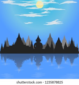 loy krathong festival silhouette temple blue mode buddha culture moon asia thailand night river siam sky religion vector illustration