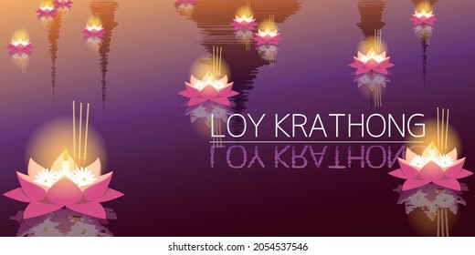 Loy krathong festival at southeast asia. Water lamp reflection banner.