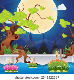 Loy Krathong Festival, Thai Cultural Tradition, Vector Illustration