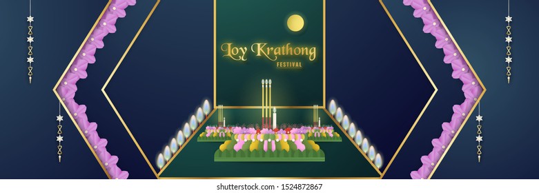 Loy Krathong festival of Thai people or other countries such as Indian, Chinese. Vector illustration designs in minimal style for template, cover, invitation, card. Art of paper crafts for kids also.