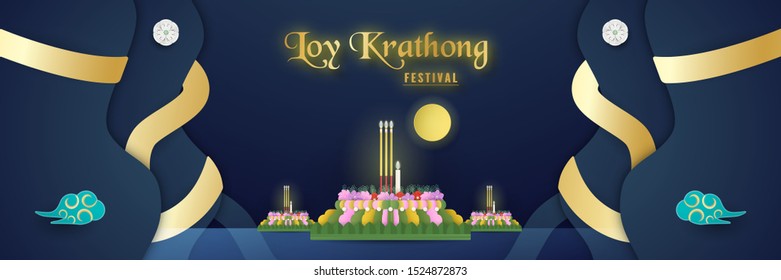 Loy Krathong festival of Thai people or other countries such as Indian, Chinese. Vector illustration designs in minimal style for template, cover, invitation, card. Art of paper crafts for kids also.