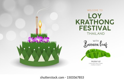 Loy Krathong festival in thailand, banana green leaf material background, vector illustration Loy Krathong festival in thailand, banana green leaf material background, vector illustration