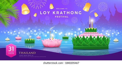 Loy krathong festival thailand, Banana leaf material and pink lotus design, on thailand temple at night river purple and blue background, Eps 10 vector illustration