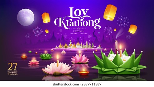 Loy krathong festival in thailand, banana leaf and pink lotus flower, fireworks at night on full moon on thailand tourism architecture design purple background, eps10 vector illustration
