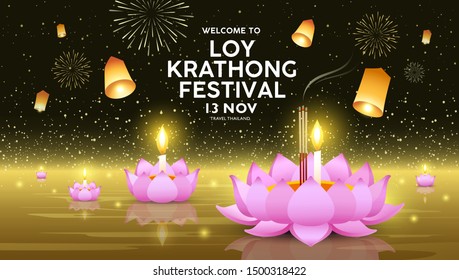 Loy Krathong festival in thailand banners on golden background, vector illustration