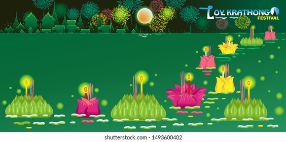 Loy Krathong Festival in Thailand. candles and flowers are given for river. traditional  Festival. Sky lanterns in the sky. Thai temples and the beauty of the sky and the river, the full moon night.