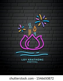Loy krathong festival thailand colorful Neon Light on block wall background, vector illustration