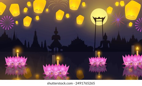 Loy krathong festival in Thailand decorated with flowers, candle, lanna lanterns and fireworks at moonnight banner design blue background, eps 01 vector illustration.
