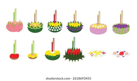 Loy Krathong Festival Thailand. Lotus Krathong, Banana leaf krathong, Ice krathong, Coconut Shell Basket.
