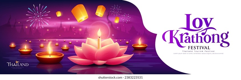 Festival Loy krathong en tailandia, loto rosa y luces de farolillos flotantes, fuegos artificiales en el diseño de banner nocturno sobre fondo morado, ilustración de eps10
