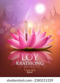 Loy krathong festival thailand, pink lotus flower candle, fireworks at moon night poster design colorful background, eps10 vector illustration
