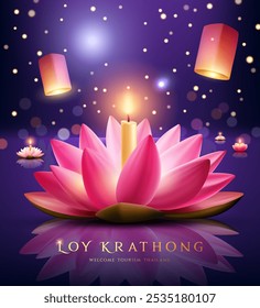 Loy krathong festival tailândia, flor de lótus rosa, à noite design folheto cartaz colorido fundo bokeh, eps10 ilustração vetor