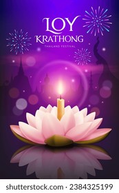 Loy krathong festival thailand, white and pink lotus flower candle, fireworks at night poster design purple background, eps10 vector illustration
