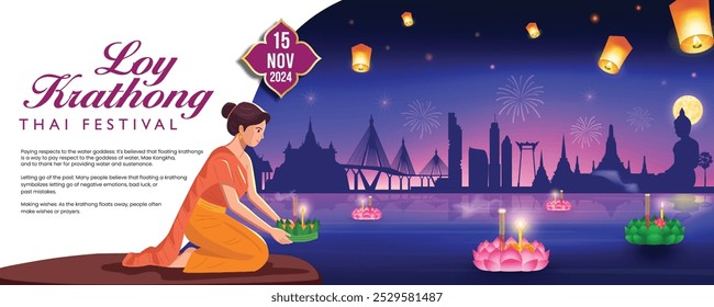 Loy Krathong festival in Thailand. A woman, dressed in traditional Thai attire, floats a krathong illuminated by candles. Silhouetted against the Bangkok skyline, a full moon shines brightly.