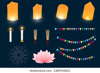 Loy Krathong Festival That includes incense sticks candles fresh flowers fireworks colorful flags  lanterns  flags temple fairs celebrations festivals