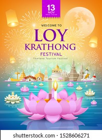 Loy krathong festival travel thailand poster design background, vector illustration