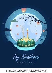 Loy krathong Festival Travel Thailand Poster Design Background Vector Illustration.  Chao Phraya River Holy Place in Thailand Background.