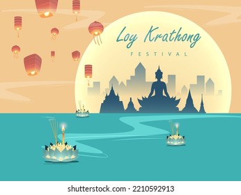 Loy krathong Festival Travel Thailand Poster Design Background Vector Illustration.  Chao Phraya River Holy Place in Thailand Background.