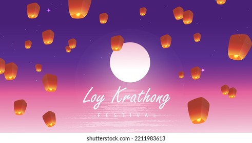 Loy krathong Festival Travel Thailand Poster Design Background Vector Illustration.  Chao Phraya River Holy Place in Thailand Background.