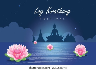 Loy krathong Festival Travel Thailand Poster Design Background Vector Illustration.  Chao Phraya River Holy Place in Thailand Background.