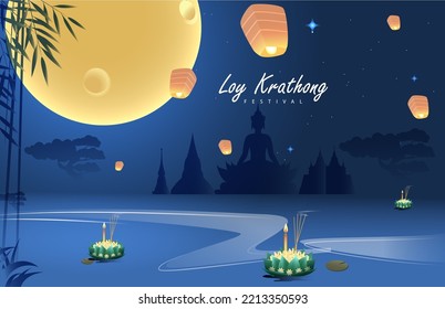 Loy krathong Festival Travel Thailand Poster Design Background Vector Illustration.  Chao Phraya River Holy Place in Thailand Background.