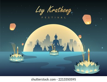 Loy krathong Festival Travel Thailand Poster Design Background Vector Illustration.  Chao Phraya River Holy Place in Thailand Background.