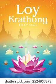 Loy Krathong festival travel thailand poster design on orange and blue background