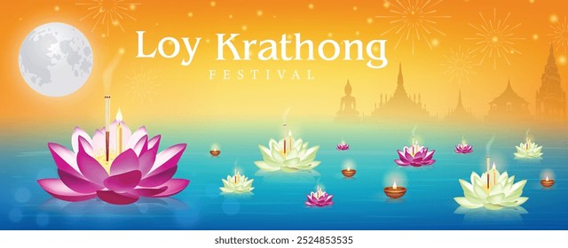 Loy Krathong festival travel thailand poster design on orange and blue background