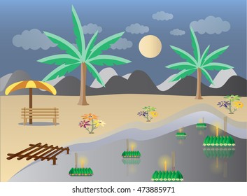 Loy Krathong in Lake landscape, Thai full moon traditional festival, illustration vector