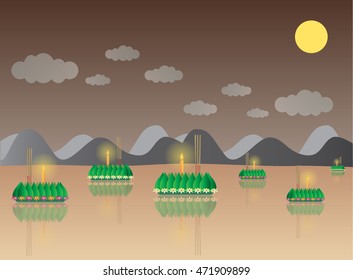 Loy Krathong with Mountain, Thai full moon traditional festival, illustration vector