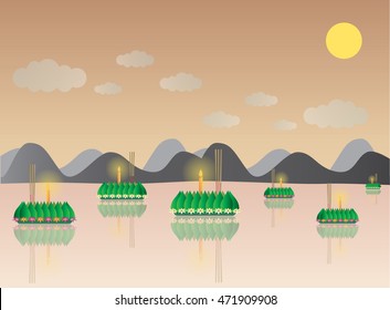 Loy Krathong with Mountain, Thai full moon traditional festival, illustration vector