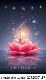 flor de loto rosa loy krathong, velas y palos de incienso, lámpara de noche colorida, diseño de volante de afiches en el fondo del río nocturno, ilustración vectorial
