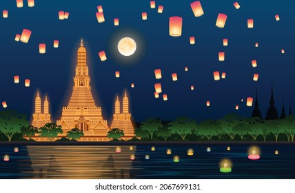 Loy Krathong river festival of Thailand and Wat Arun landmark in Bangkok. Graphic vector