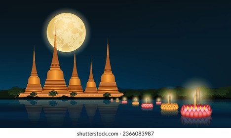 Festival del río Loy Krathong de Tailandia en el paisaje nocturno. Vector gráfico