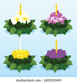 Loy Krathong, Set of Krathong design isolated on light blue background : Vector Illustration