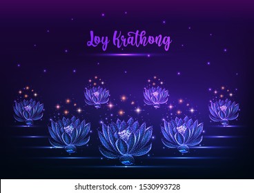 Loy Krathong tai festival web banner template with floating glowing low polygonal lotus water lily flowers and starry sky on dark blue purple background. Modern wire frame design vector illustration.