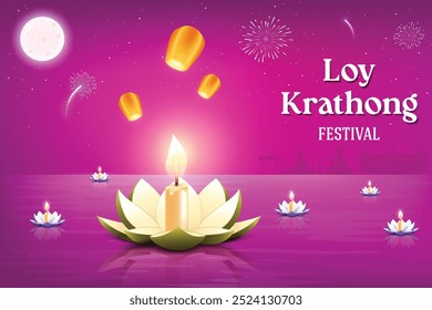 Loy Krathong Celebración Festiva De La Cultura Tailandesa Sobre Fondo Rosa. Flor De Loto Flotando En El Agua Del Río Con Linternas Y Fuegos Artificiales En El Cielo