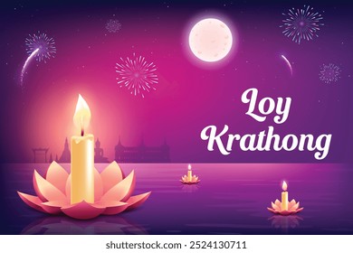 Loy Krathong Thai Culture Festive Celebration On Purple Background. Lotus Flower Floating On River Water With Fireworks And Full Moon On Sky