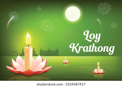 Loy Krathong Thai Culture Festive Celebration On Green Background. Lotus Flower Floating On River Water With Fireworks And Full Moon On Sky