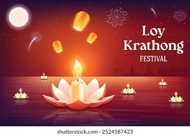 Loy Krathong Thai Culture Festive Celebration On Red Background. Lotus Flower Floating On River Water With Lanterns And Fireworks On Sky