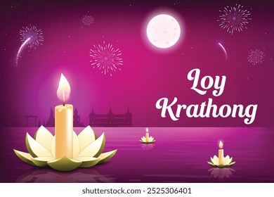 Loy Krathong Thai Culture Festive Celebration On Pink Background. Lotus Flower Floating On River Water With Fireworks And Full Moon On Sky