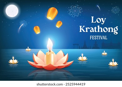 Loy Krathong Thai Culture Festive Celebration On Blue Background. Lotus Flower Floating On River Water With Lanterns And Fireworks On Sky