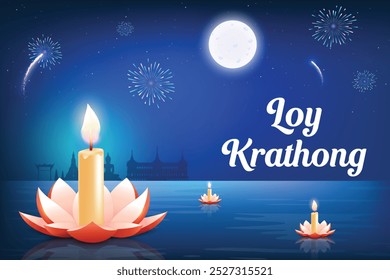 Loy Krathong Thai Culture Festive Celebration On Blue Background. Lotus Flower Floating On River Water With Fireworks And Full Moon On Sky