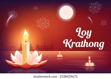 Loy Krathong Thai Culture Festive Celebration On Red Background. Lotus Flower Floating On River Water With Fireworks And Full Moon On Sky