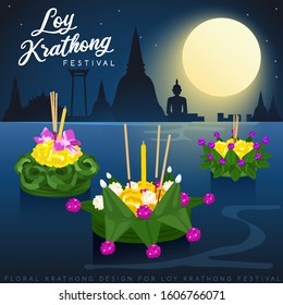 Loy Krathong, Thai Traditional Festival with full moon, pagoda and temple background  : Vector Illustration