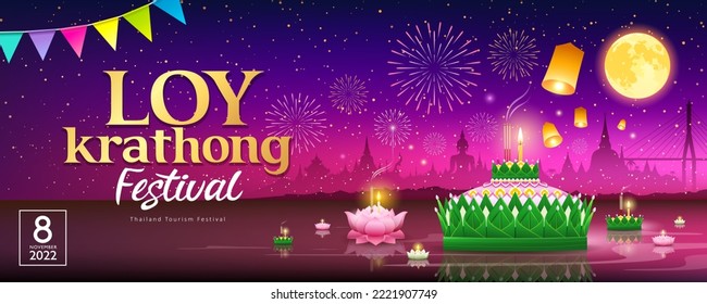 Loy krathong thailand festival, banana leaf and pink lotus at moon night thailand banner design colorful background, eps10 vector illustration
