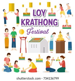 Loy Krathong. Thailand festival of paying respect to the water spirits. Vector
