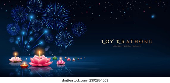 Loy krathong thailand festival, pink lotus flowers, fireworks lighting at night banner poster design on dark blue background, vector illustration
