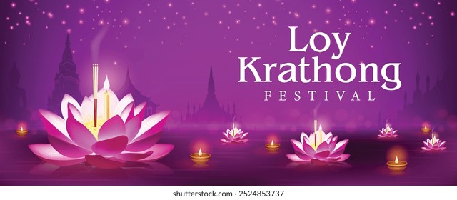 Loy krathong festival da tailândia, lótus rosa e luzes de lanterna flutuante, fogos de artifício à noite design banner fundo colorido